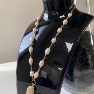 Collar Perla de rio y Baño de oro 50 cm Corazón Brillante (Perlas Blanca)