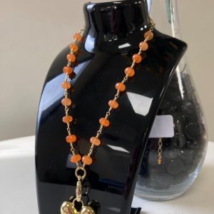 Collar Piedra Natural y Baño de oro 50 cm Corazón Dorado (Piedras Naranja)