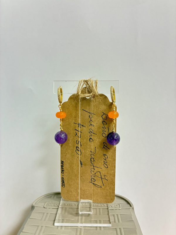 Aros Baño de oro con piedra natural (Morado/Naranjo)