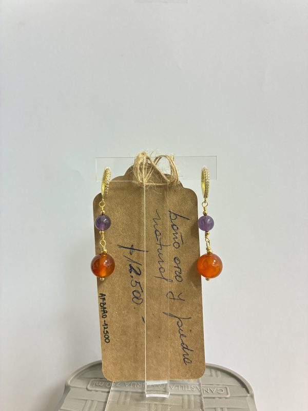 Aros Baño de oro con piedra natural (Morado/Naranjo)