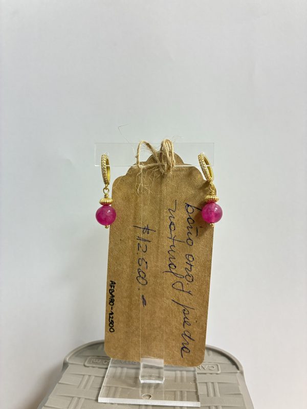 Aros Baño de oro con piedra natural Fucsia